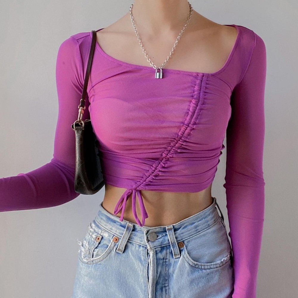 Urban Outfitters - Mesh Cinched Asymmetrical Crop Top in Magenta Pink